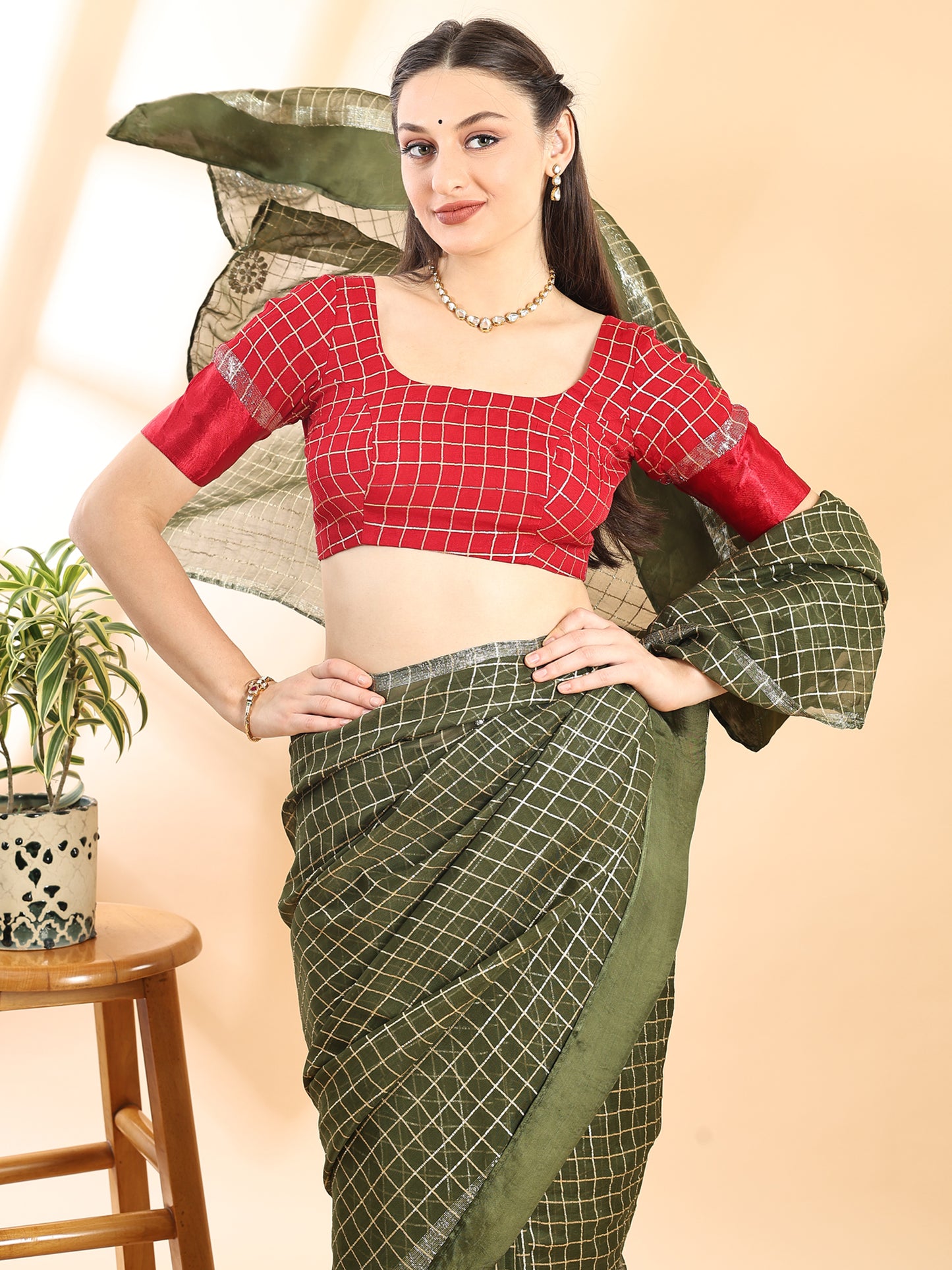 Green Checkered Pattern Georgette Saree