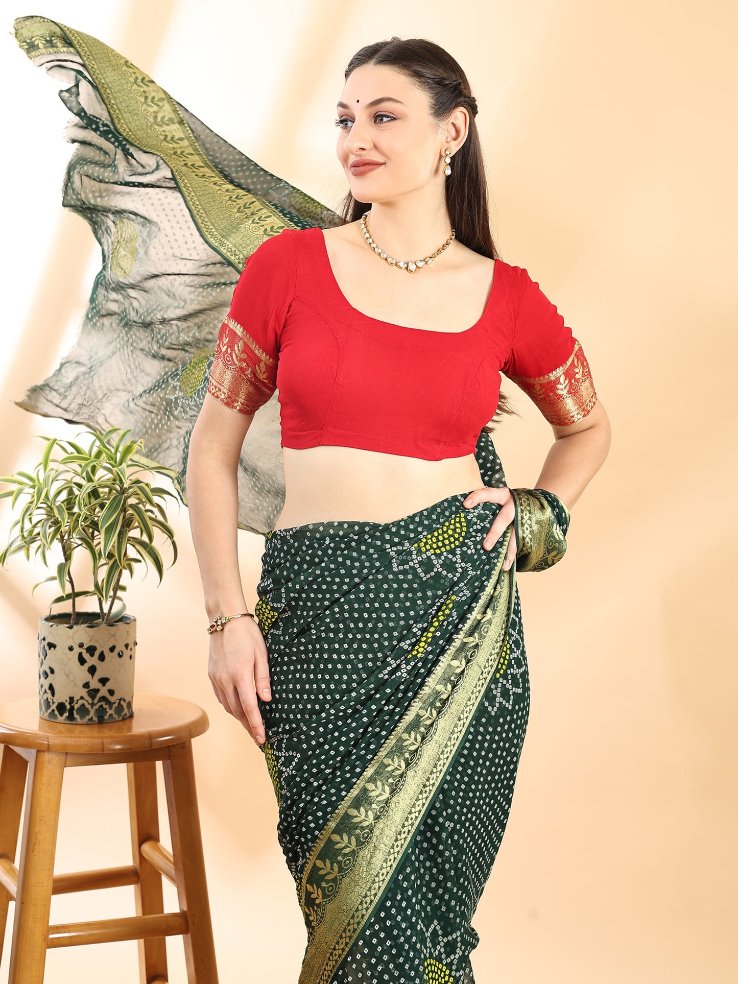 Green Georgette Saree with Bandhani Print, Zari Border and Chit Pallu