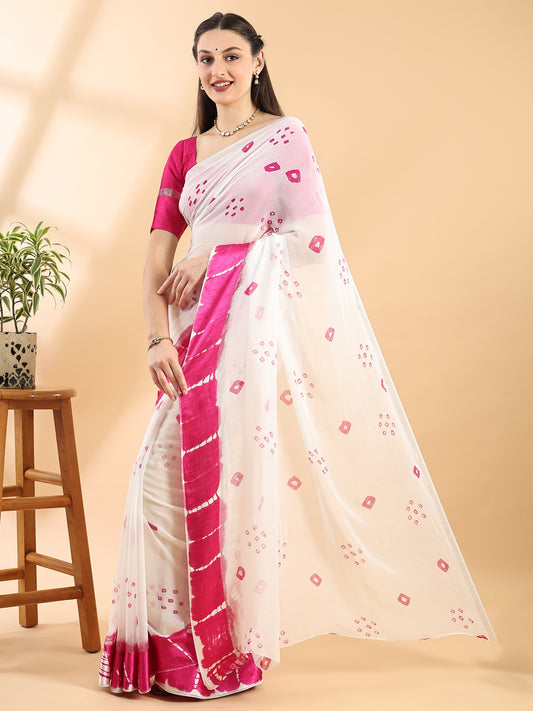 White Georgette Saree with Bandhani Print and Satin Chit Pallu