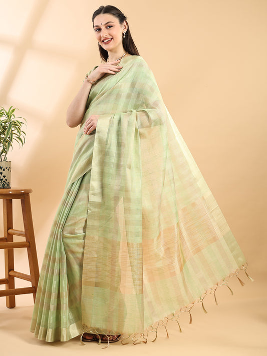 Pista Green Chanderi Silk Saree with Golden Zari Stripes