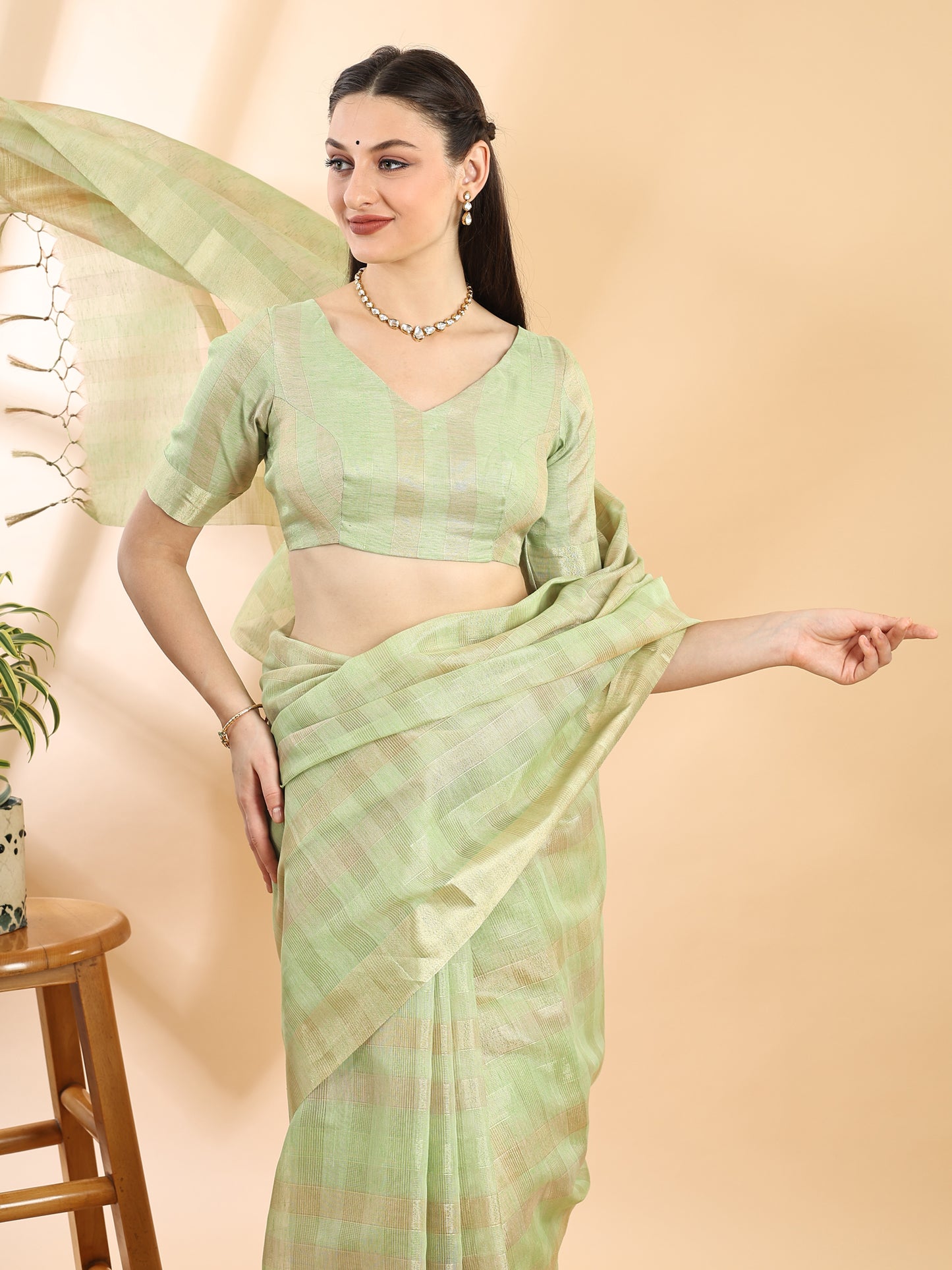 Pista Green Chanderi Silk Saree with Golden Zari Stripes