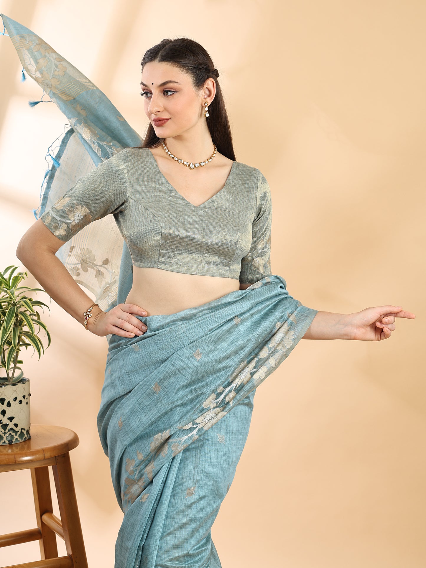 Steel Blue Banarasi Cotton Saree with Zari Floral Border and Pallu