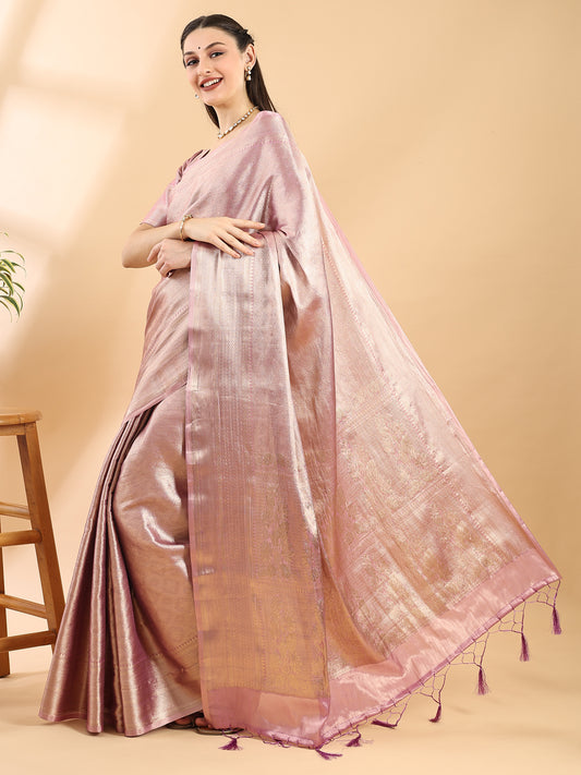 Peach Tissue Banarasi Silk Saree with Geometric Zari Pattern, Border and Pallu
