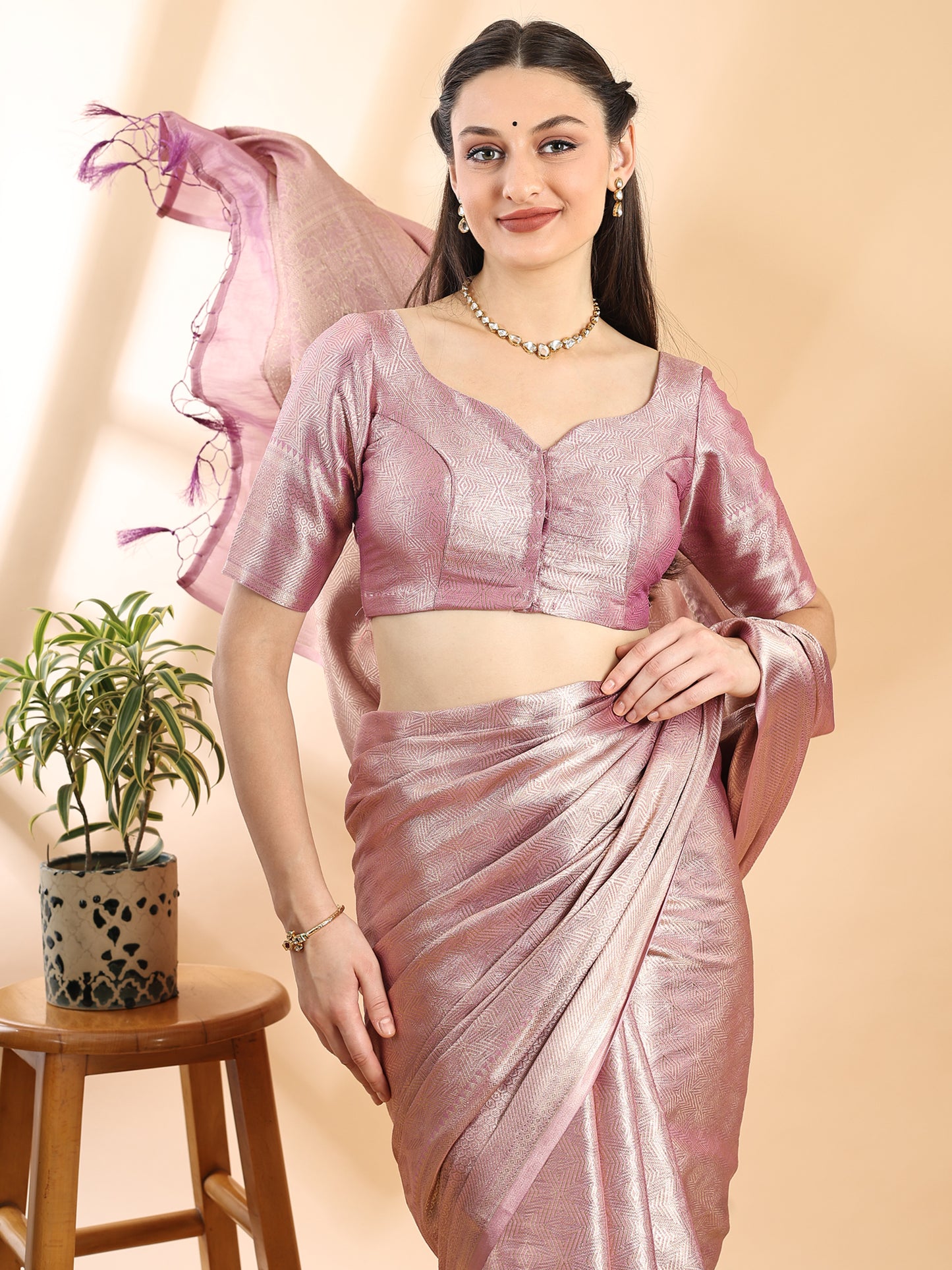 Peach Tissue Banarasi Silk Saree with Geometric Zari Pattern, Border and Pallu