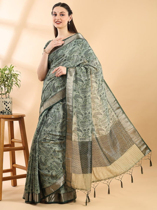Green Assam Silk Saree with Golden Woven Border and Tasselled Pallu