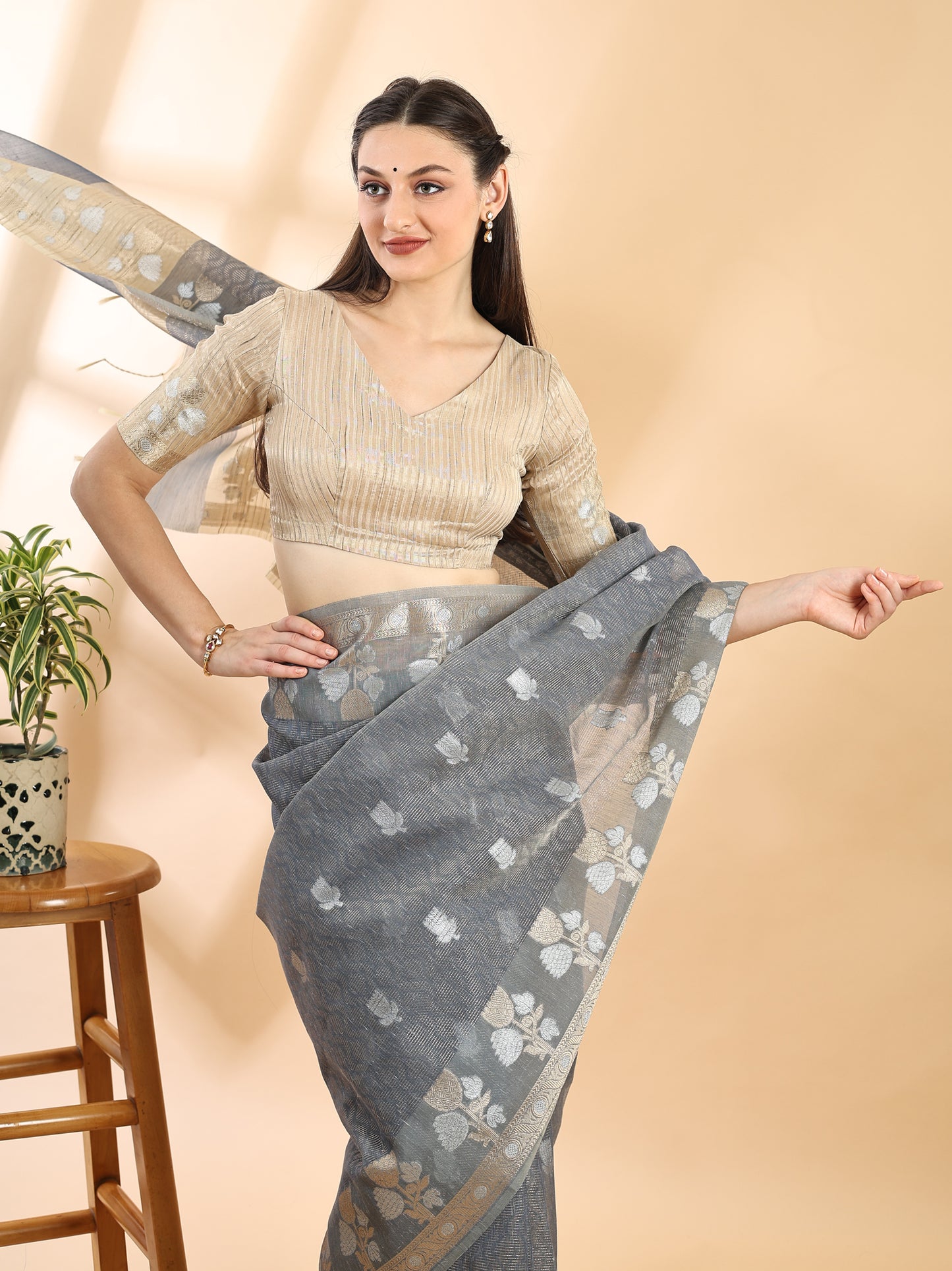 Grey Banarasi Cotton Saree with Zari Boota, Border and Pallu