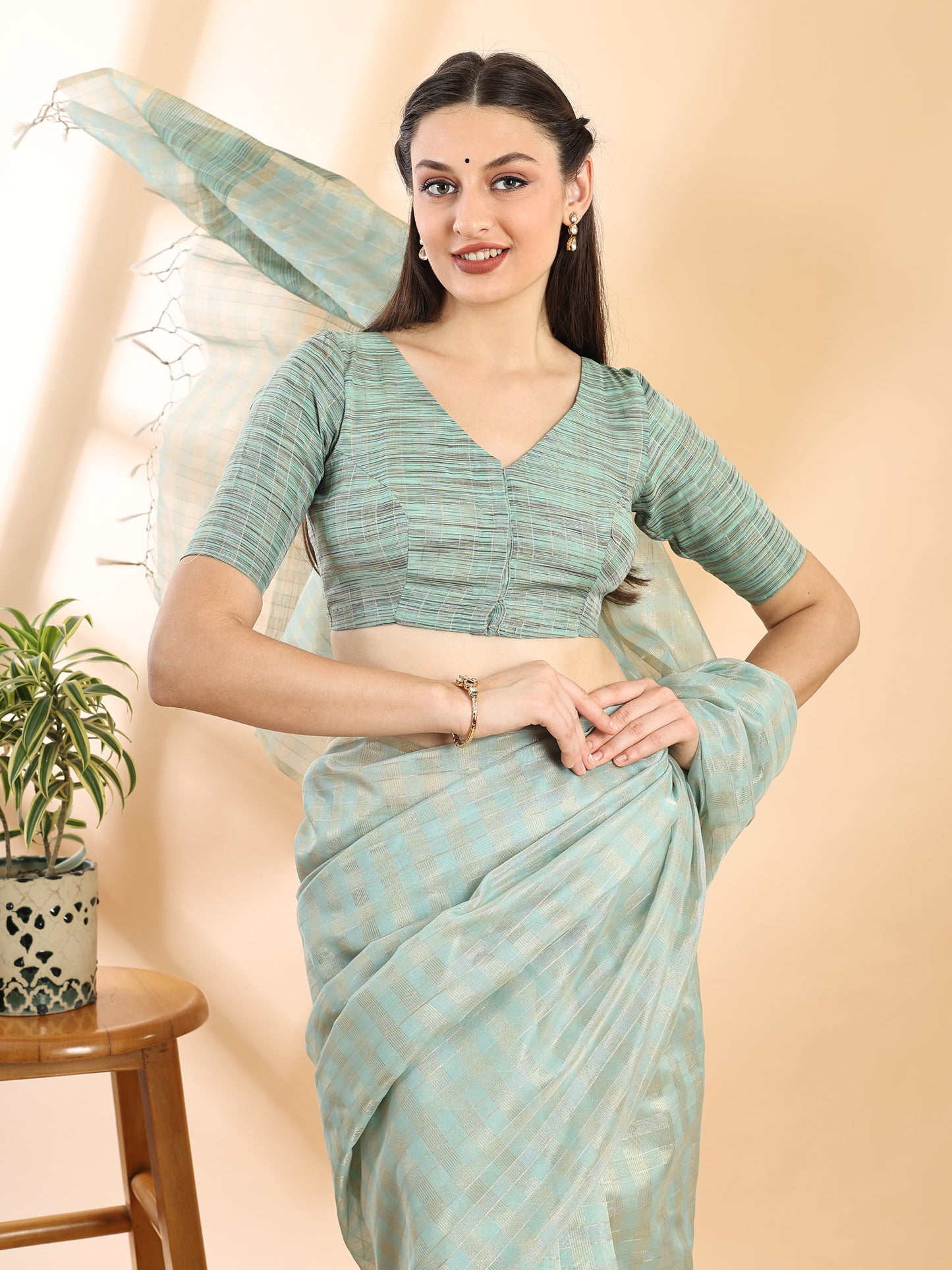 Sea Green Chanderi Silk Saree with Zari Checks, Border and Pallu