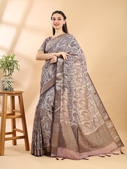 Purple Assam Silk Saree with Golden Woven Border and Tassels