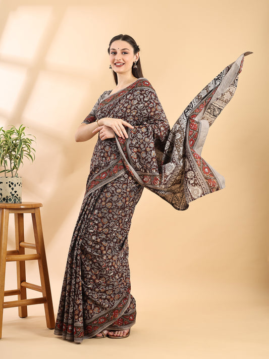 Deep Brown Cotton Bagru Printed Saree