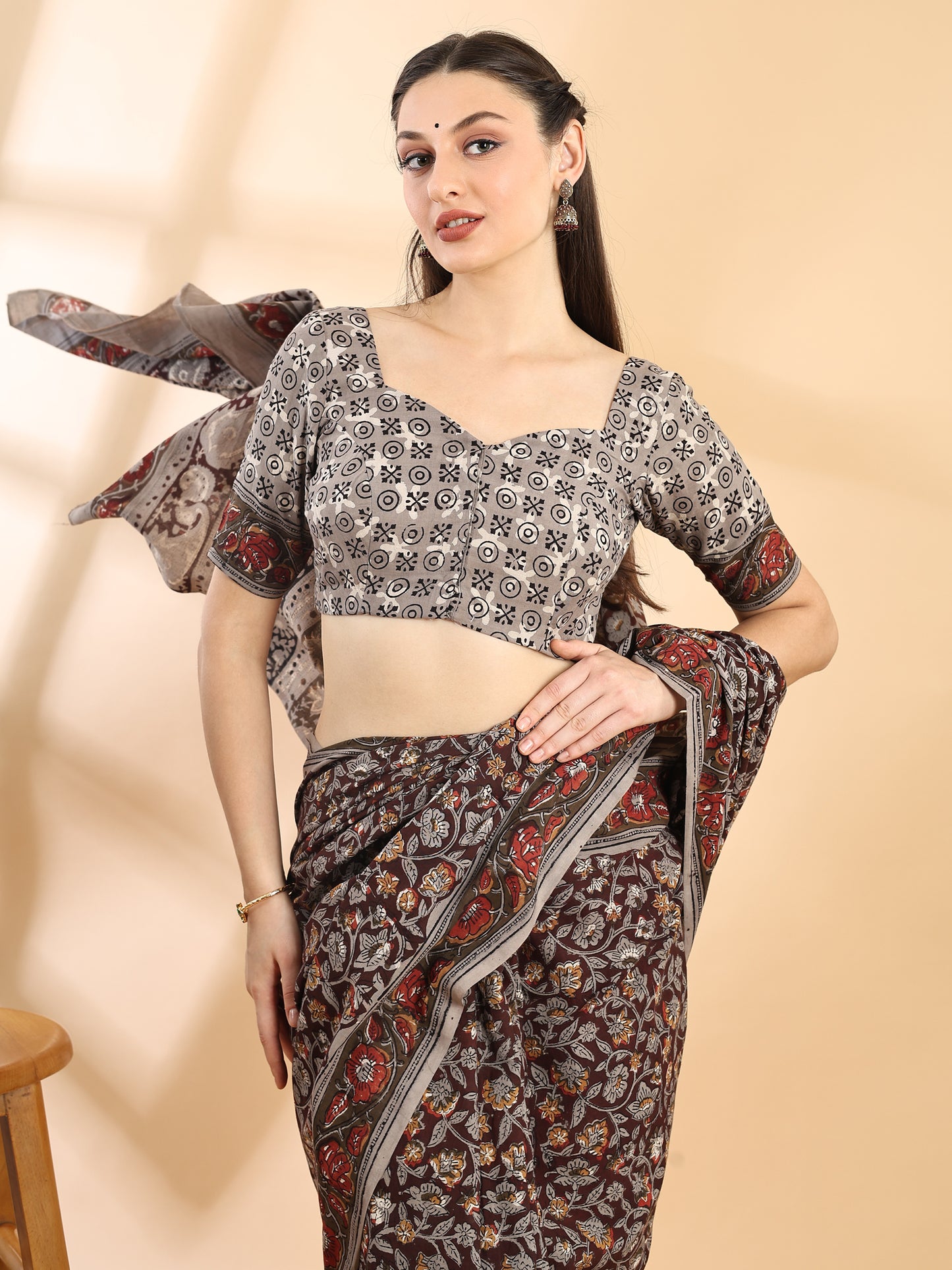 Deep Brown Cotton Bagru Printed Saree