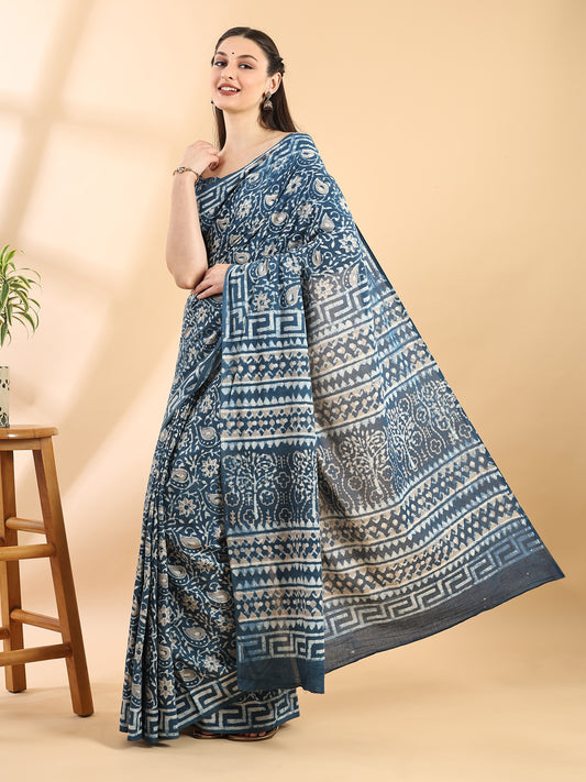 Indigo Blue Cotton Bagru Printed Saree