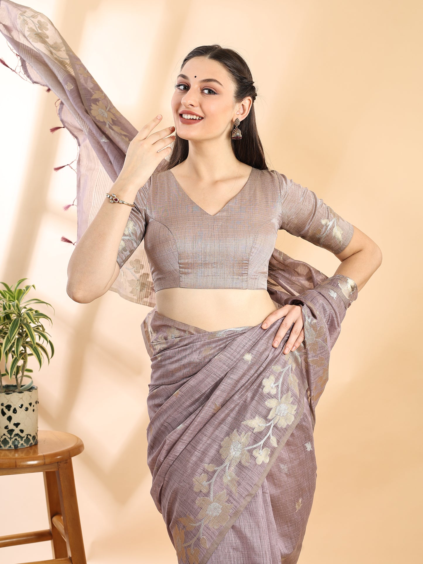Mauve Banarasi Cotton Golden Zari Saree