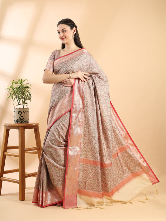 Beige Semi Tanchui Silk Saree with Red Border and Gold Zari Weave