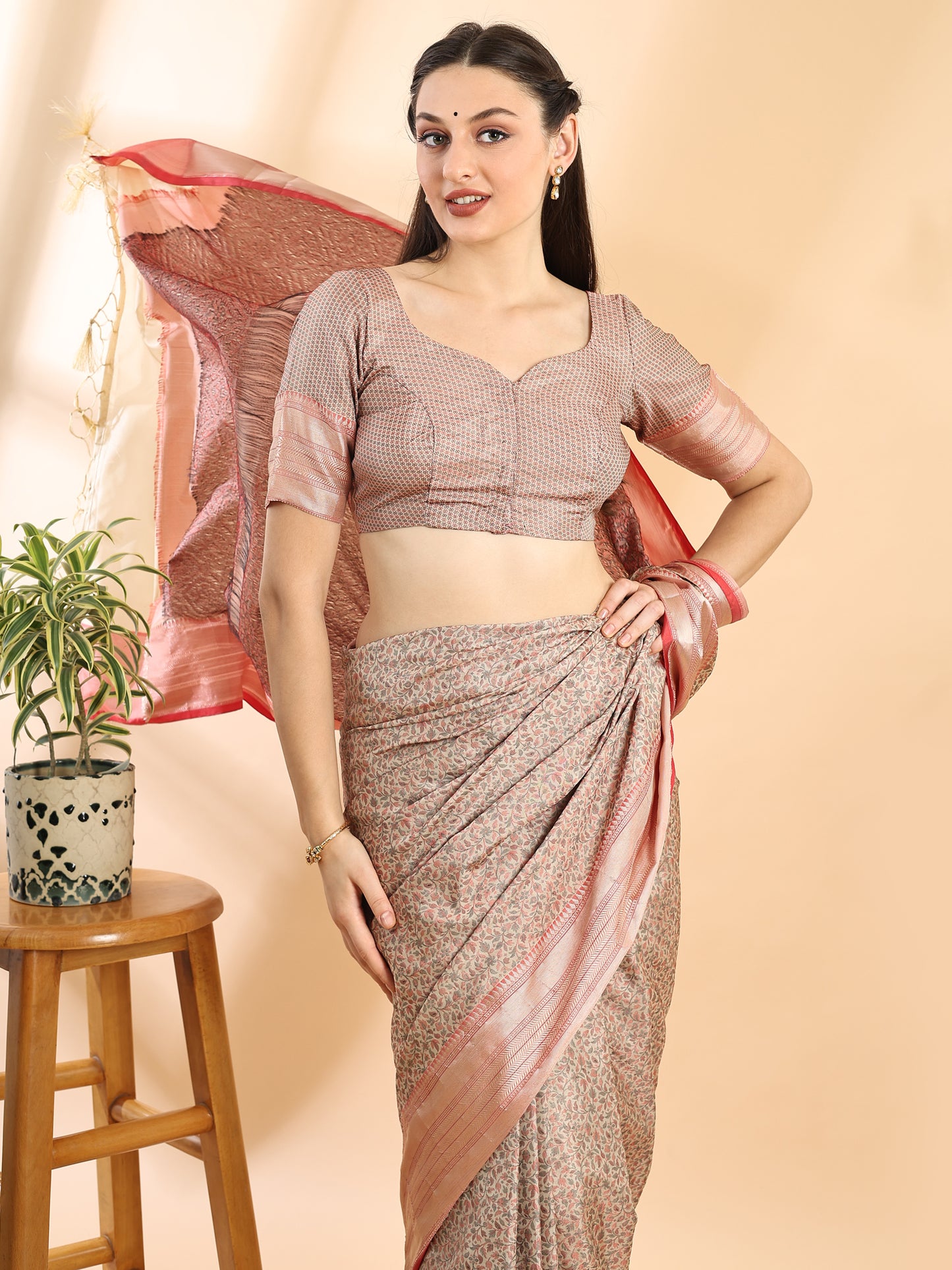 Beige Semi Tanchui Silk Saree with Red Border and Gold Zari Weave
