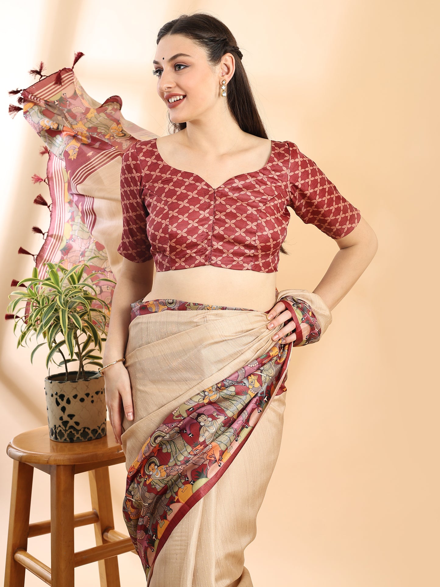 Beige Semi Tussar Saree with Kalamkari Printed Border and Pallu