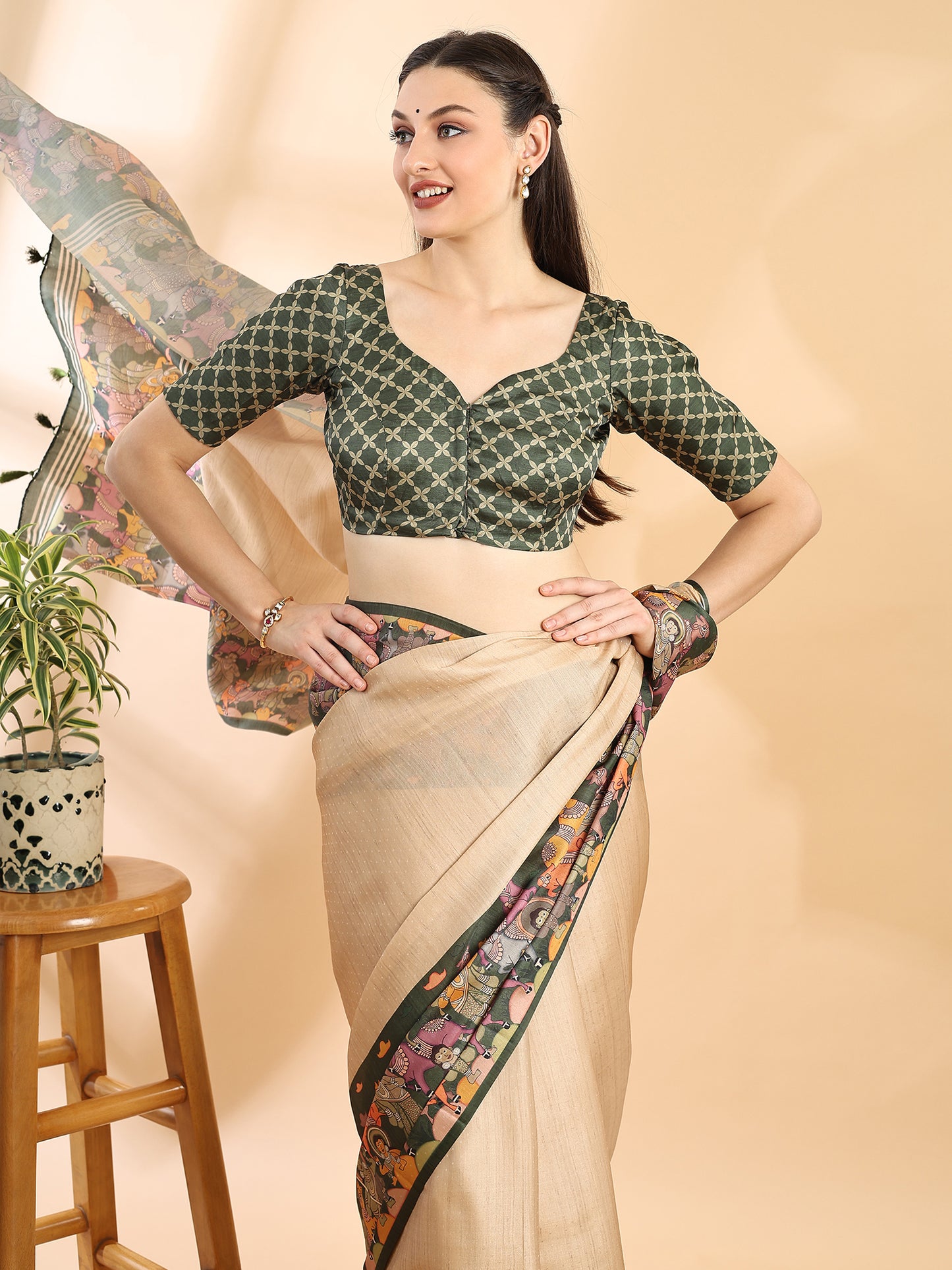 Beige Green Semi Tussar Saree with Kalamkari Printed Border and Madhubani Pallu