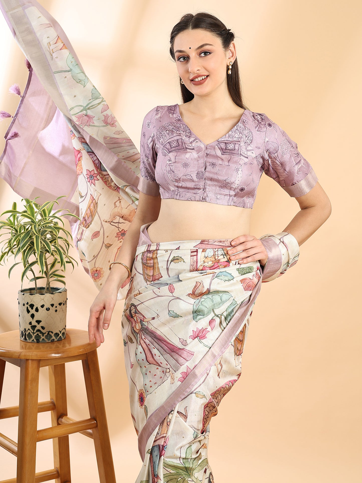 Ivory Semi Tussar Kalamkari Saree