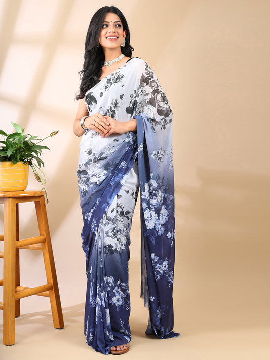 Blue & White Georgette Print Saree