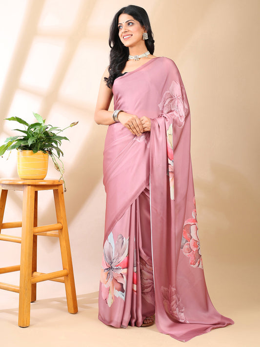 Rosy Pink Satin Georgette Saree