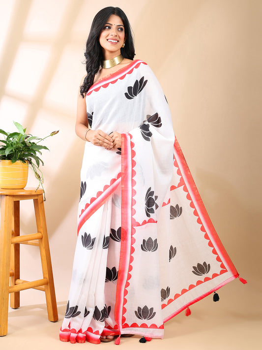 Linen Cotton Lotus Tapi Print Saree