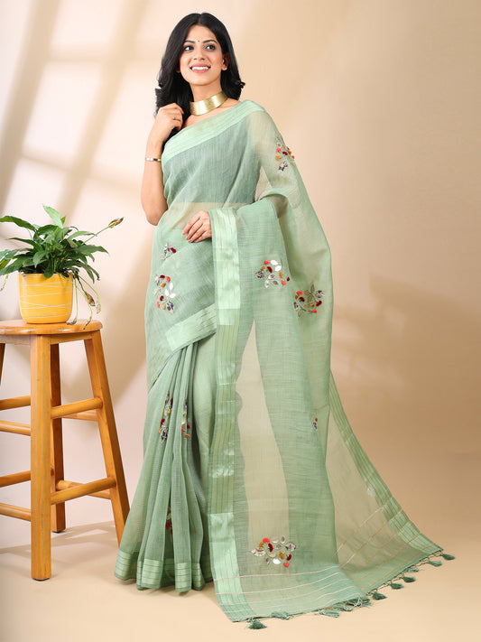 Green Chanderi Cotton Applique Saree