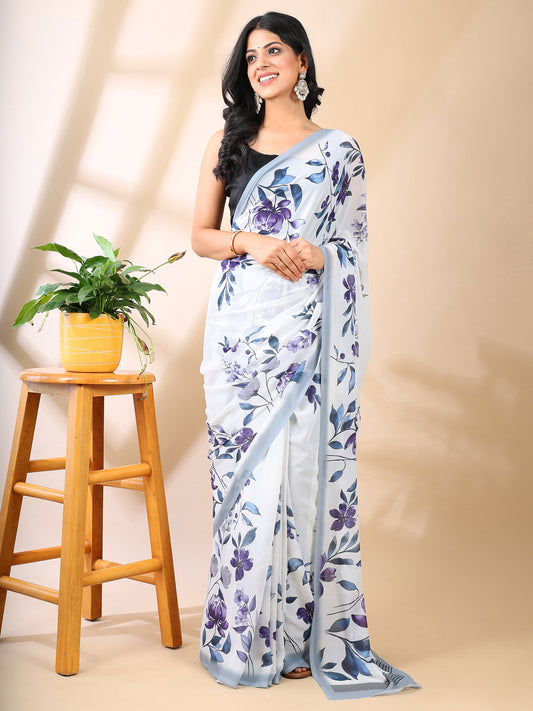 White Georgette Floral Print Saree
