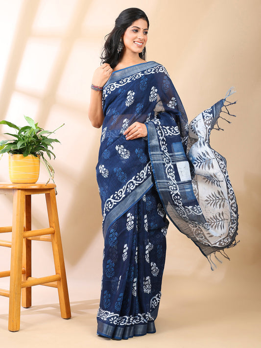 Indigo Handblock Print Linen Cotton Saree