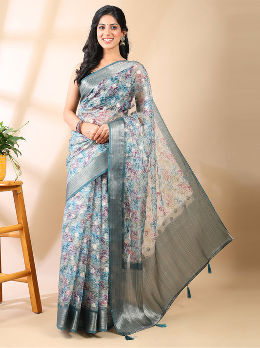 Sea Green Organza Floral Saree