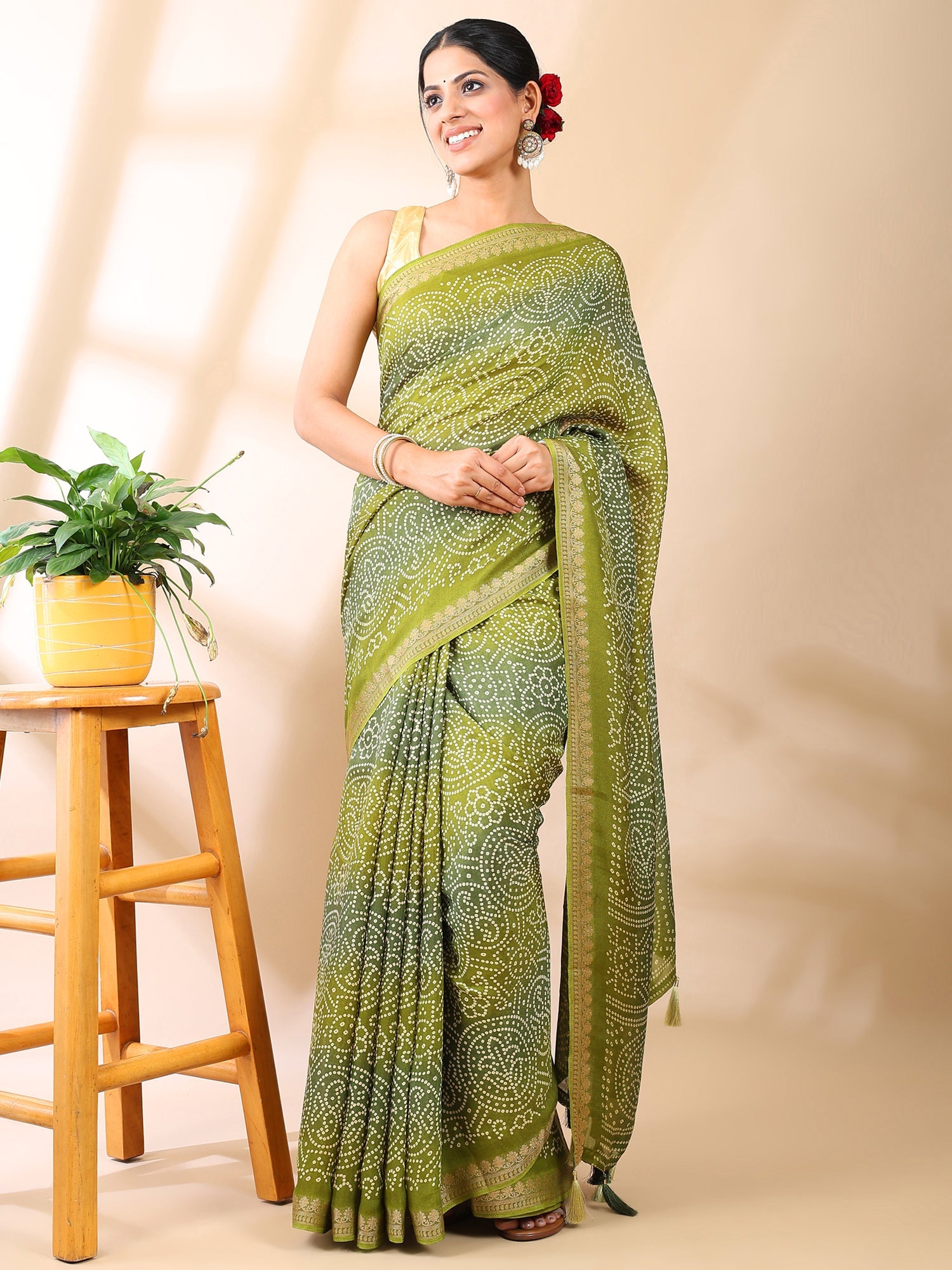 Olive Tapestry – Bandhani Elegance Saree