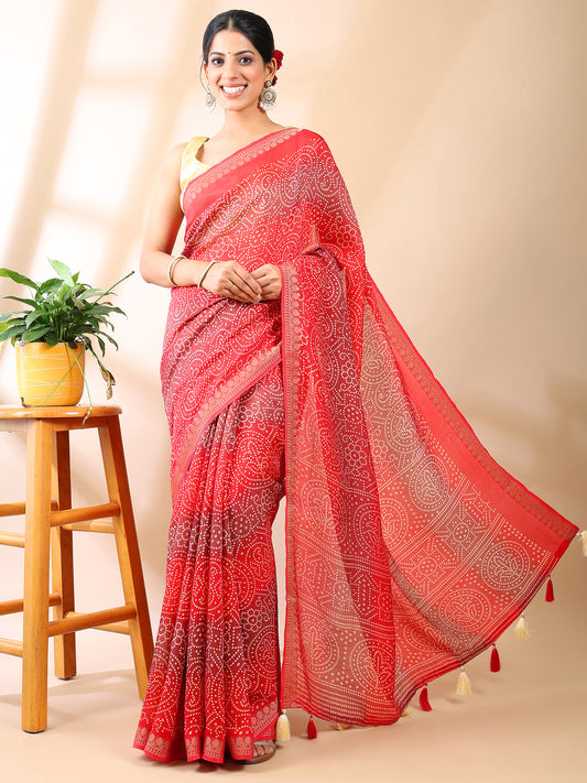 Red Georgette Bandhani Print Saree