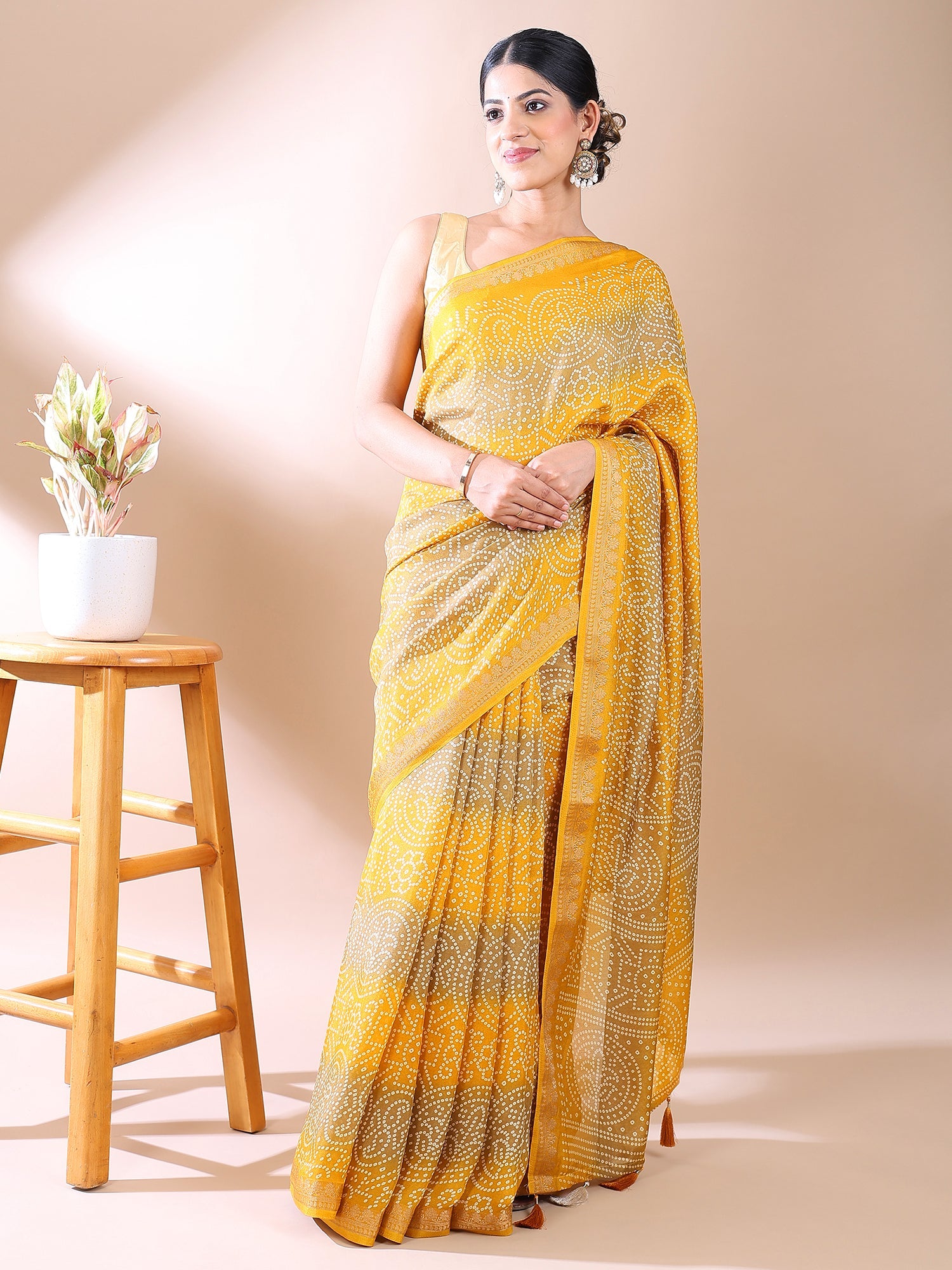 Yellow Bandhani Georgette Silk Saree – Classic Charm