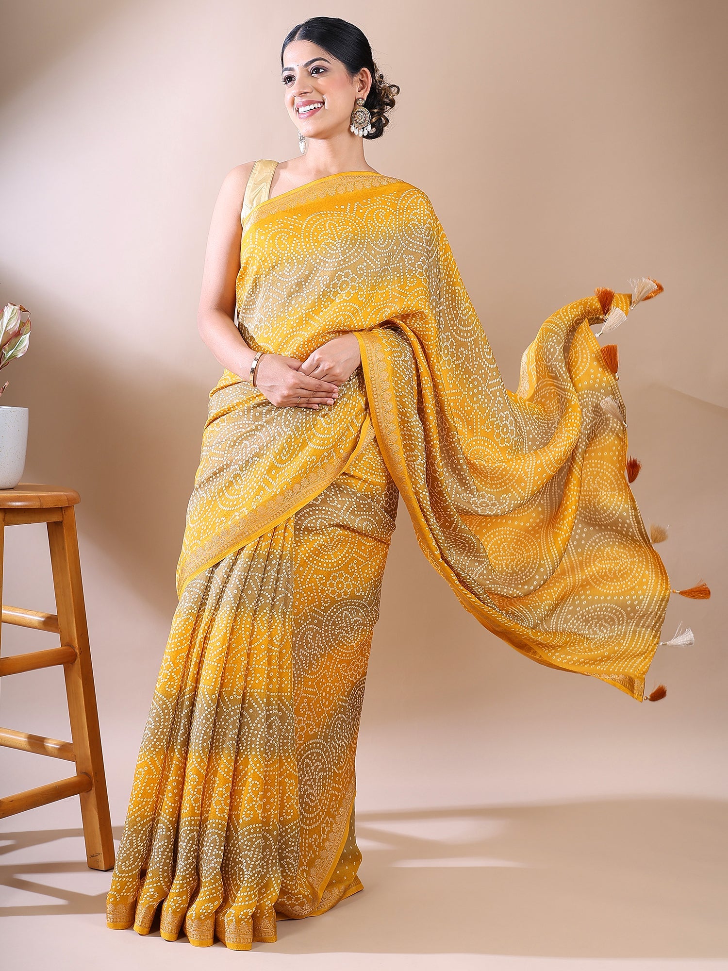 Yellow Bandhani Georgette Silk Saree – Classic Charm