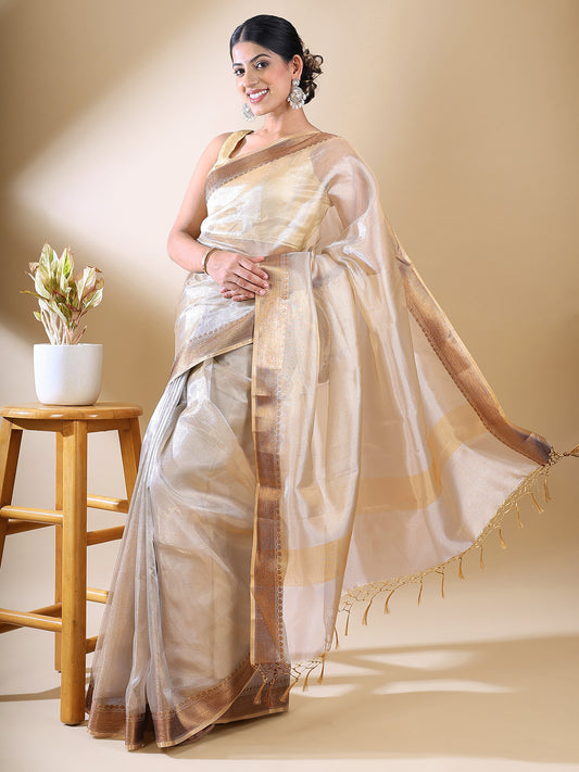 Off-White Tissue Zari Woven Saree