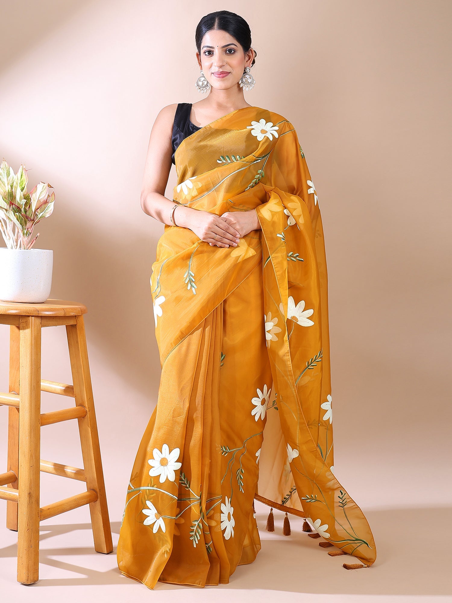 Mustard Yellow Hand-Painted organza Cotton Saree – Fresh Bloom