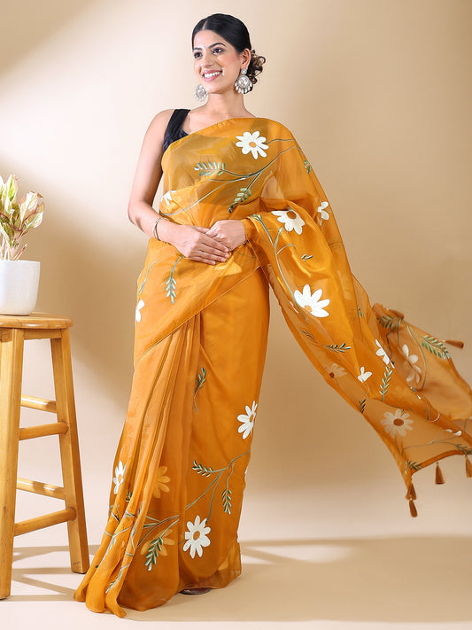 Yellow Hand-Painted Organza Saree