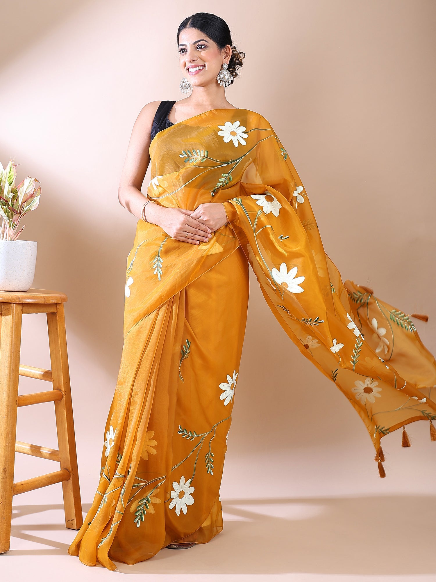 Mustard Yellow Hand-Painted organza Cotton Saree – Fresh Bloom