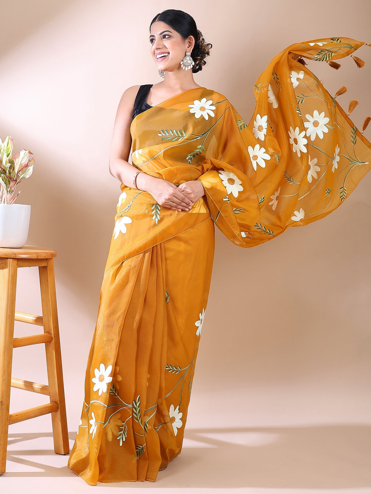 Mustard Yellow Hand-Painted organza Cotton Saree – Fresh Bloom