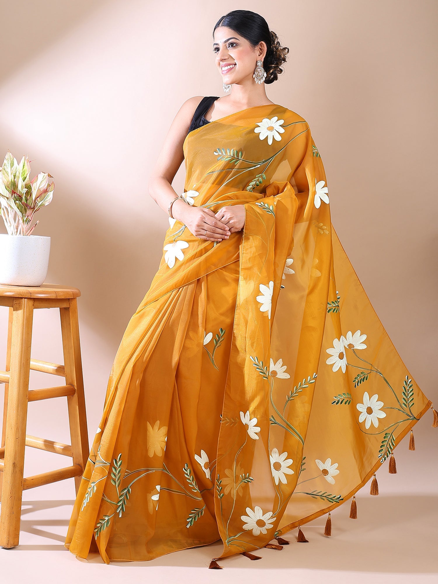 Mustard Yellow Hand-Painted organza Cotton Saree – Fresh Bloom