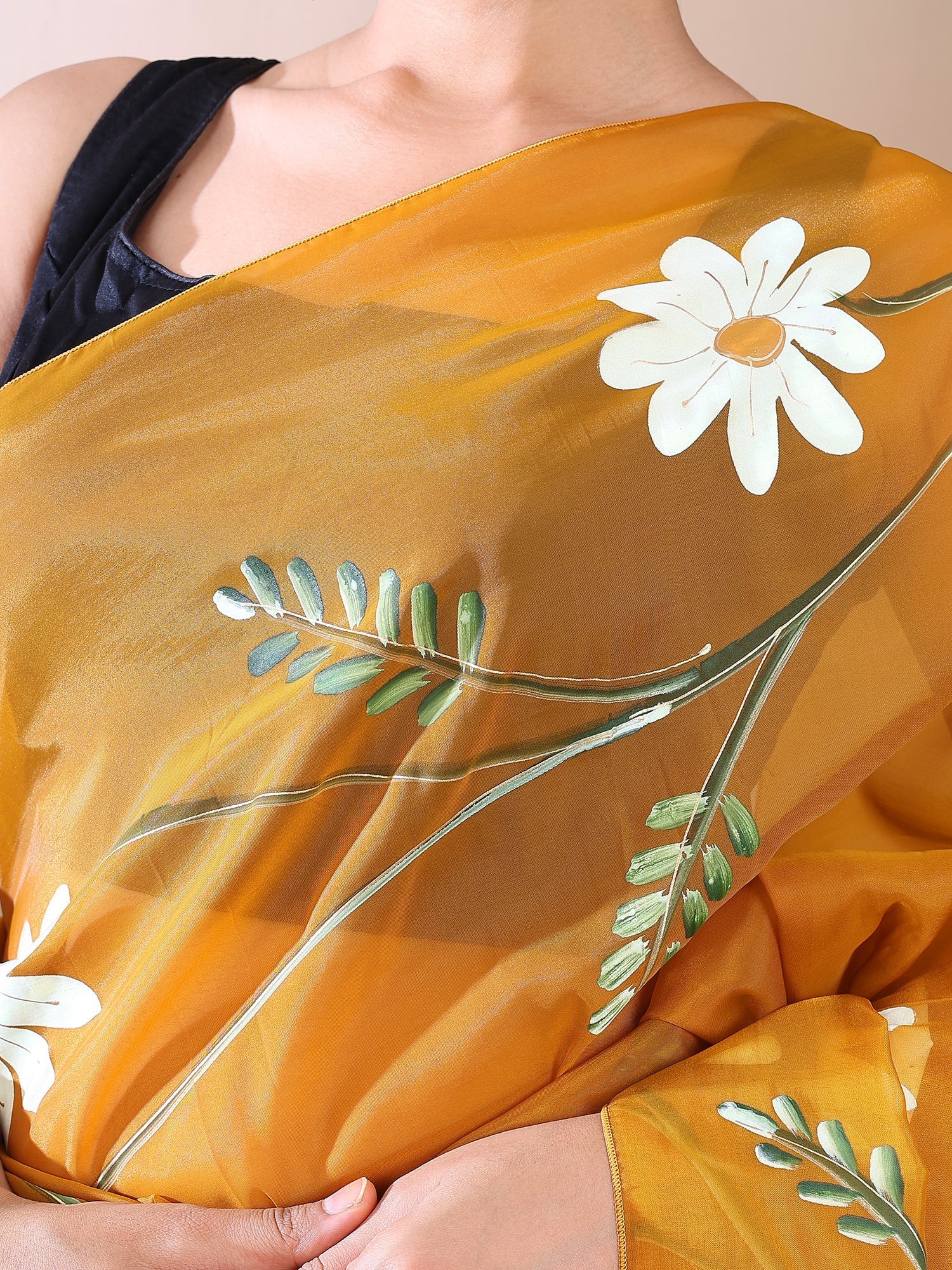 Mustard Yellow Hand-Painted organza Cotton Saree – Fresh Bloom