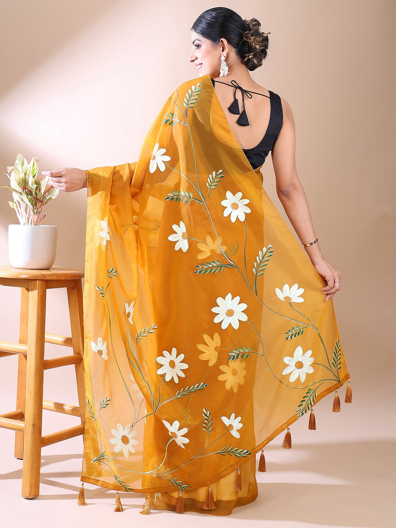 Mustard Yellow Hand-Painted organza Cotton Saree – Fresh Bloom