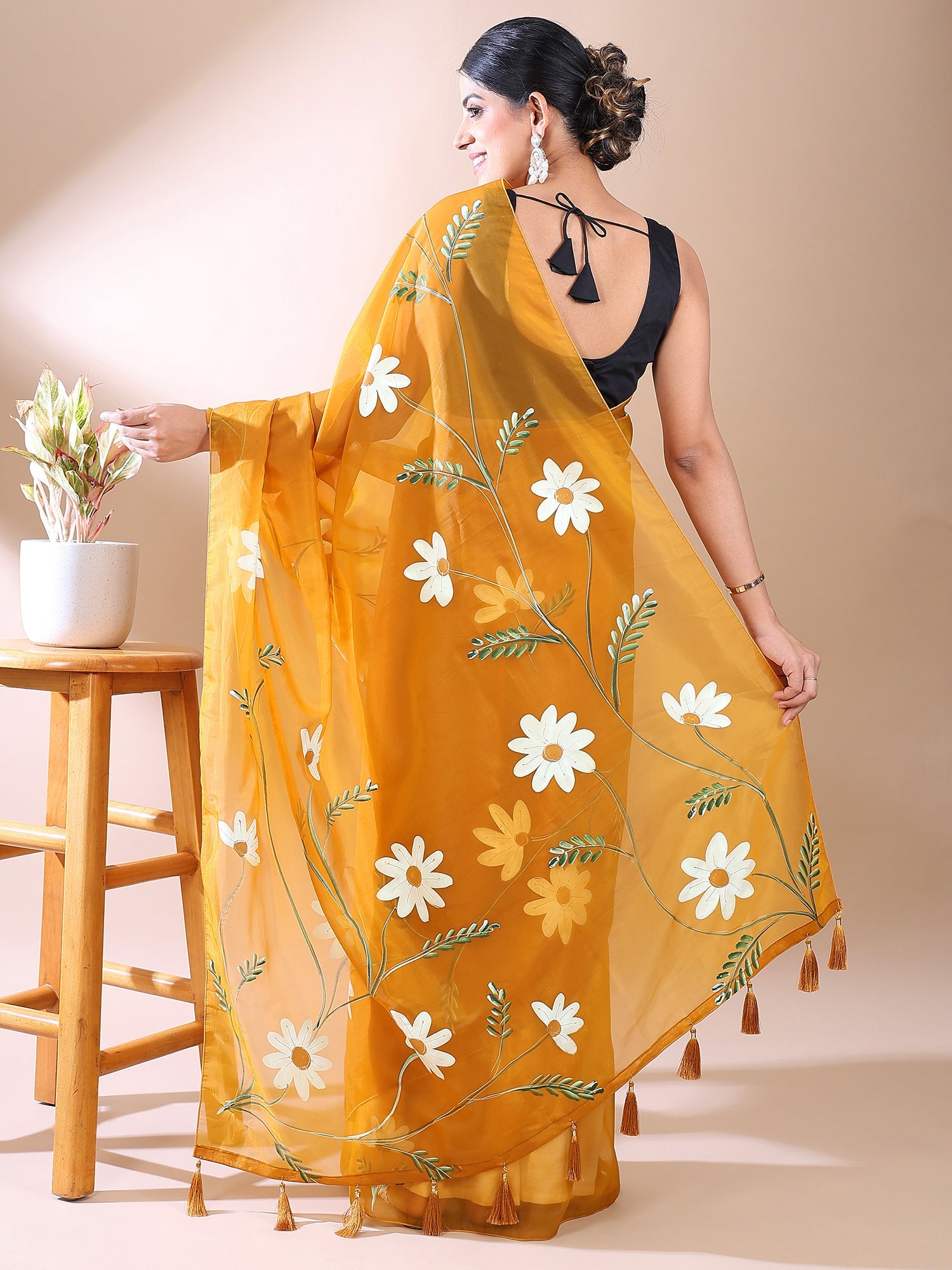 Mustard Yellow Hand-Painted organza Cotton Saree – Fresh Bloom