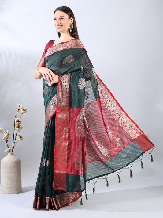 Bottle Green Banarasi Zari Woven Saree