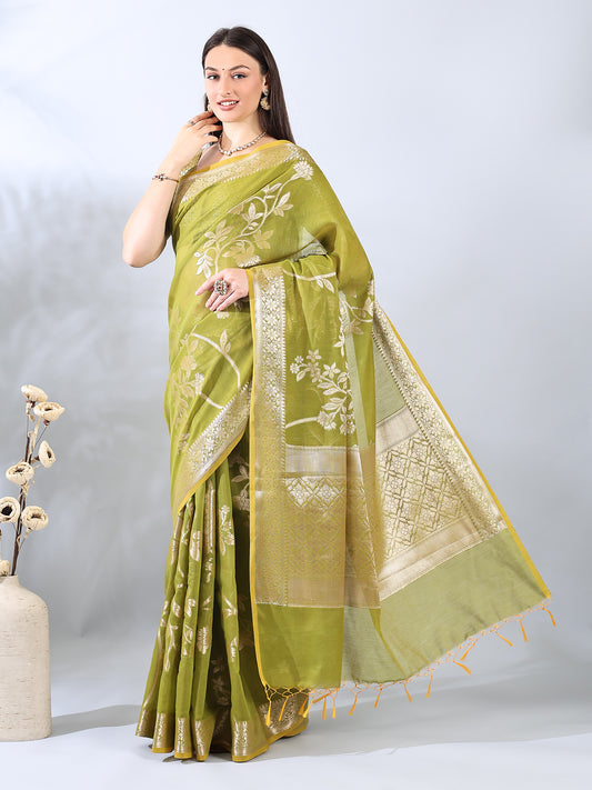 Lime Green Banarasi Chanderi Silk Zari Saree