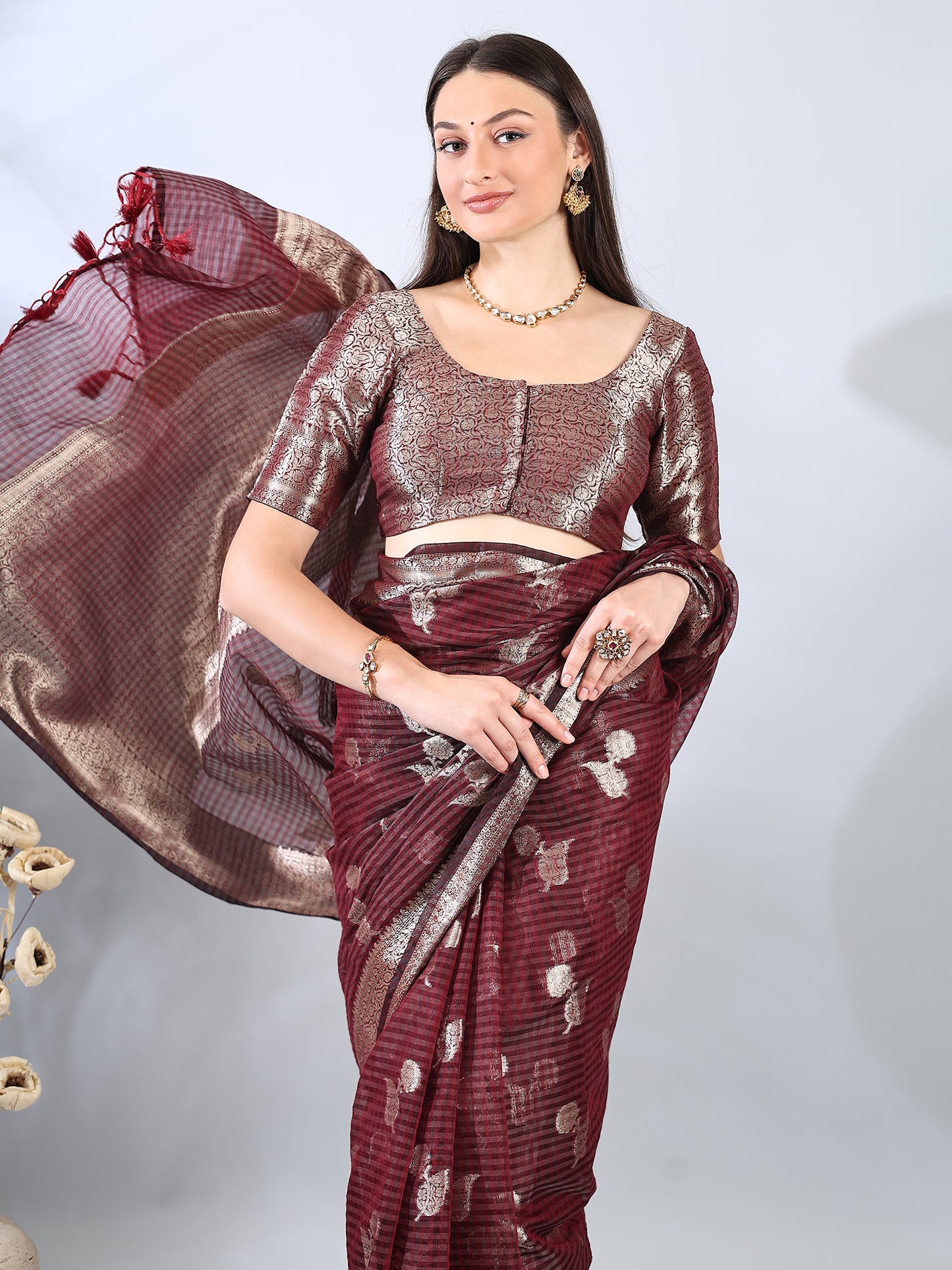 Maroon Banarasi Chanderi Zari Woven Saree