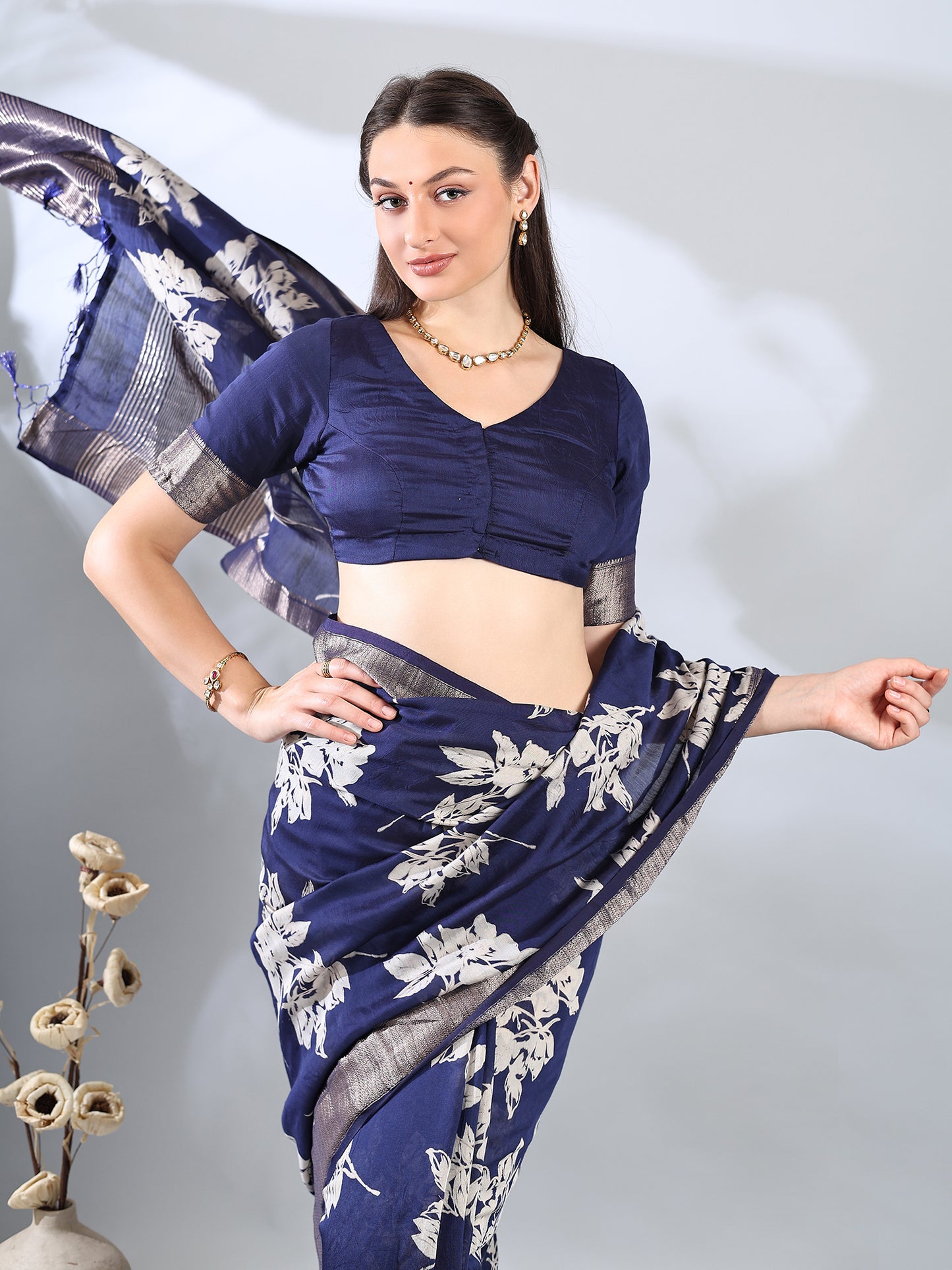 Blue Assam Silk Saree with Floral Print and Zari Woven Border