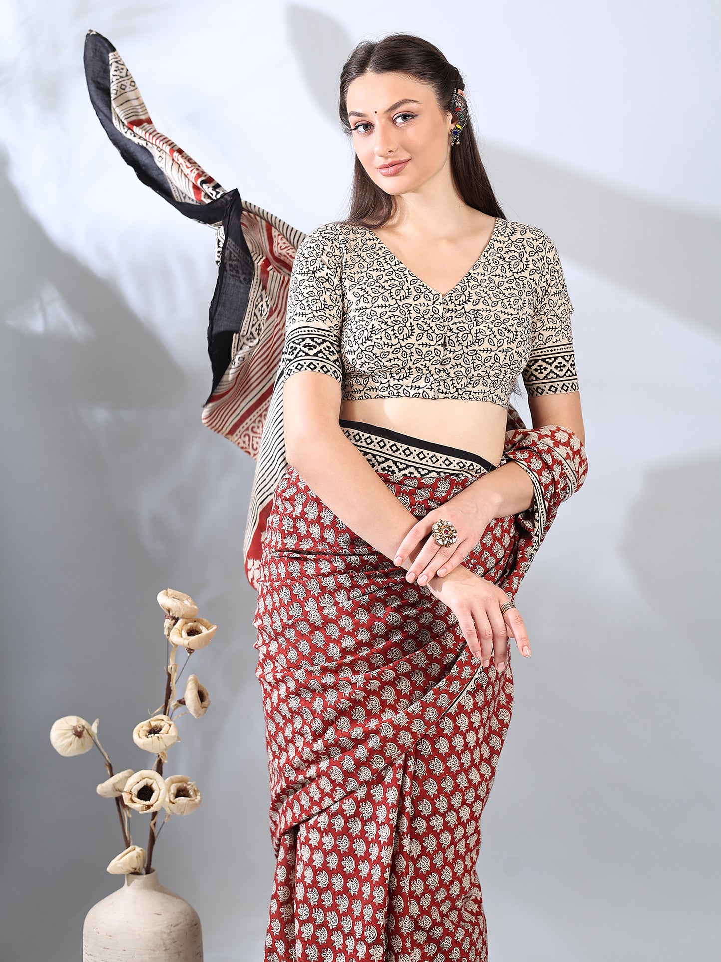 Maroon Cotton Ajrakh Printed Saree