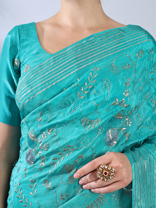 Firozi Dupion Silk Embroidered Saree