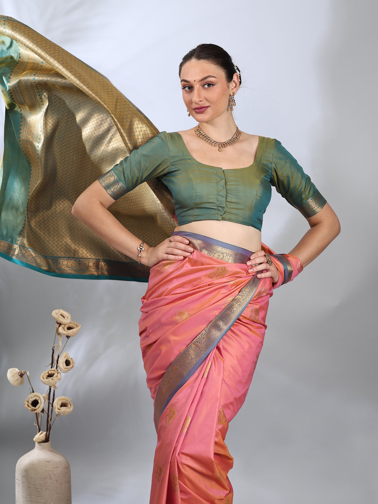 Coral Pink South Silk Zari Woven Saree