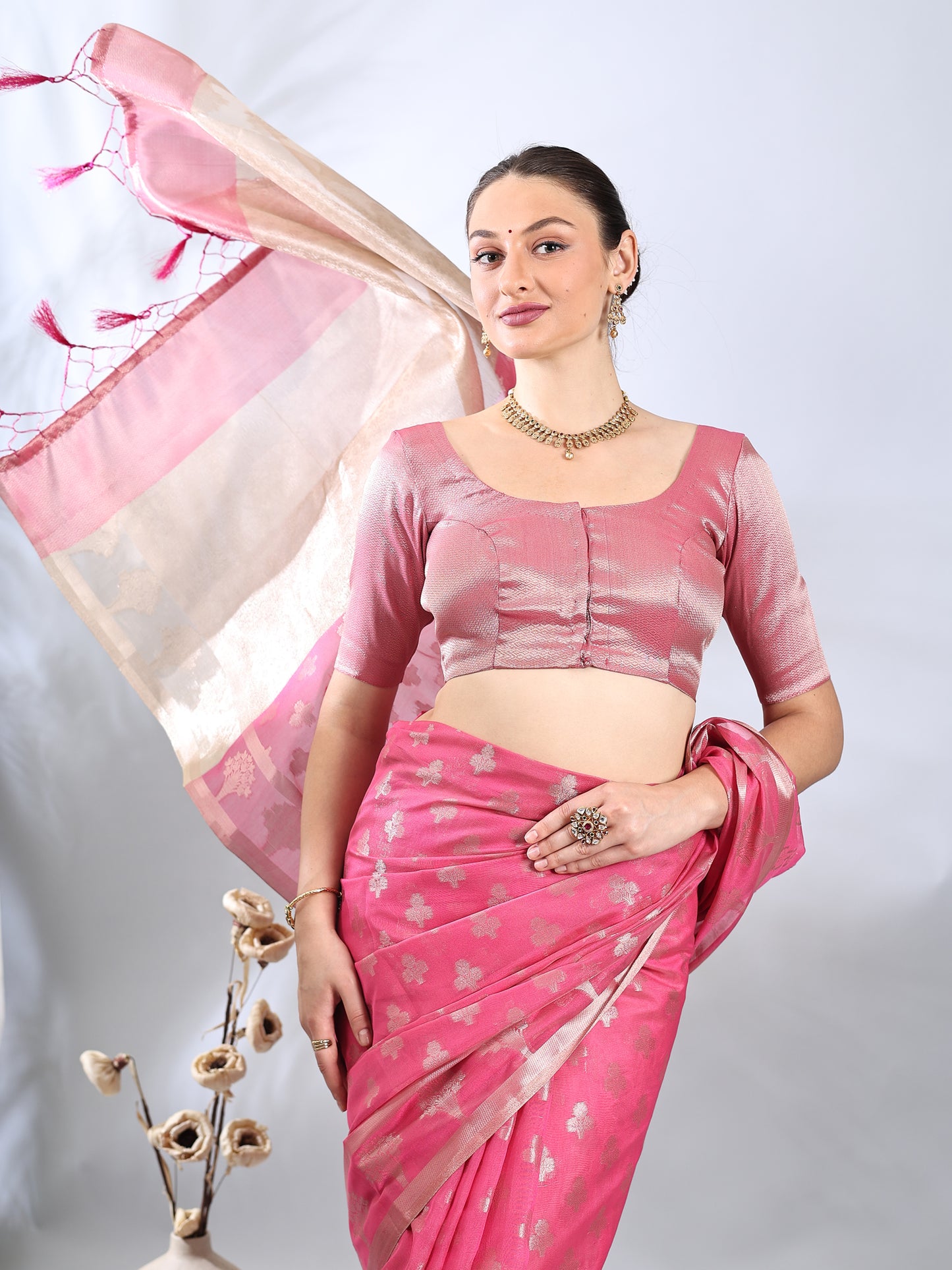 Pink Banarasi Cotton Zari Woven Saree