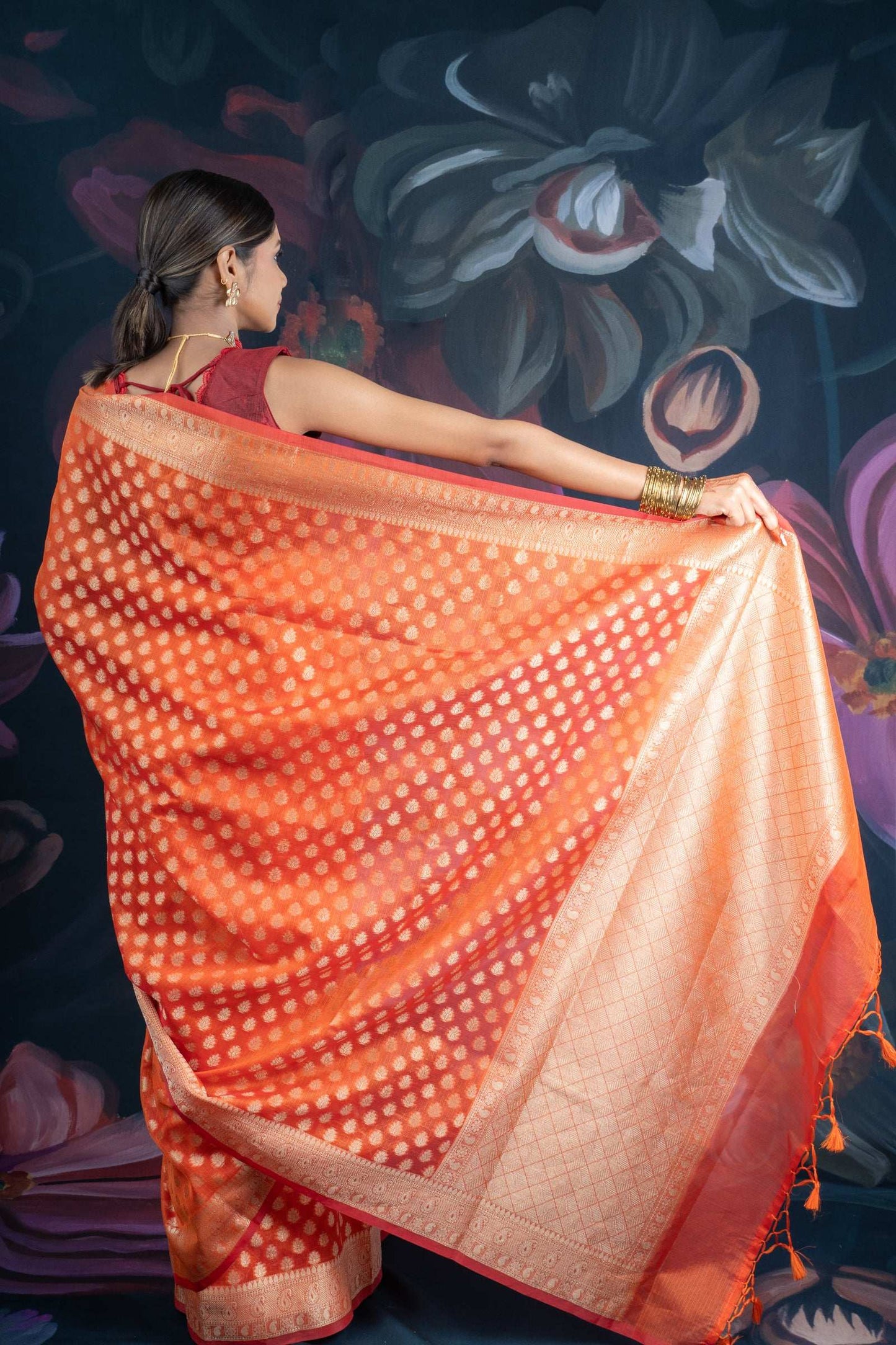 Banarasi Elegance Peach Chanderi Cotton Saree
